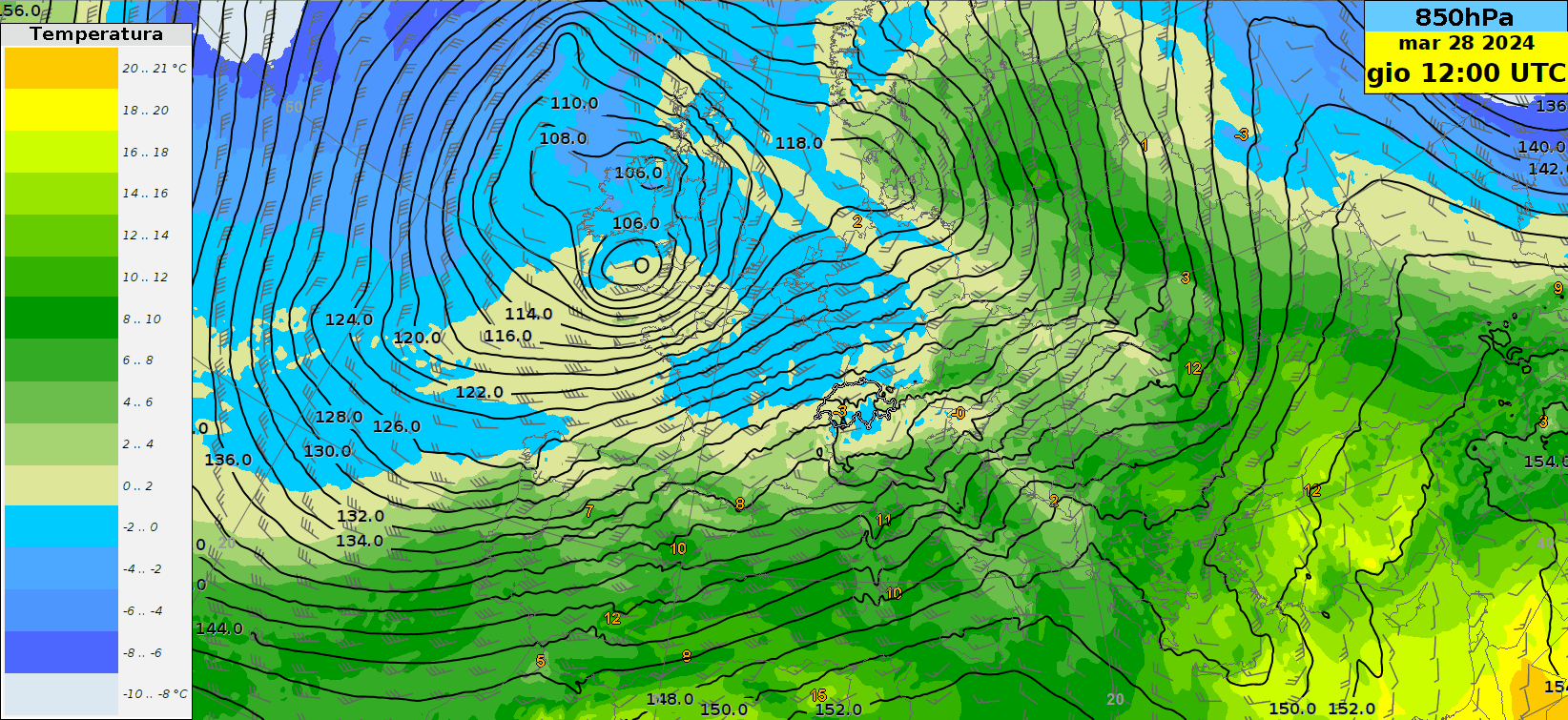 Fig. 7: Altezza geopotenziale (linee continue) a 850 hPa, vento (barbule) e temperature (colori) alla stessa quota previsti dal modello ECMWF fra giovedì 28 marzo alle ore 12 e martedì 2 aprile alle ore 00.