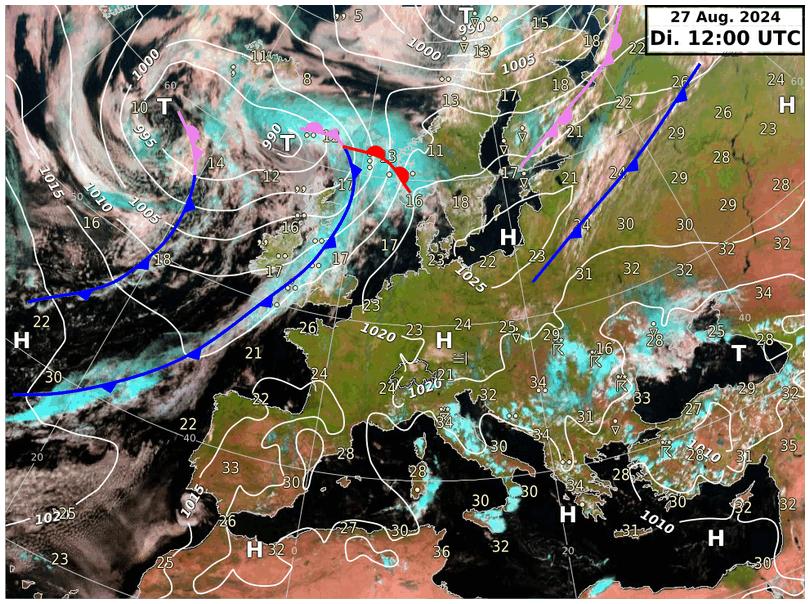 Fig. 1: Situazione meteorologica generale con pressione al suolo, fronti ed animazione delle immagini satellitari da martedì 27.8.2024 a sabato 31.8.2024. Fonte: MeteoSvizzera. 