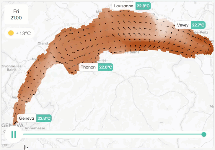 Figura 6. Animazione della temperatura dell'acqua del Lago di Ginevra, della forza e della direzione della corrente superficiale. L'animazione mostra il periodo compreso tra domenica 6 luglio (osservazione) e venerdì 11 luglio 2025 (previsione). In blu, temperatura dell'acqua inferiore a 20 °C (in blu scuro, temperatura inferiore a 15 °C).