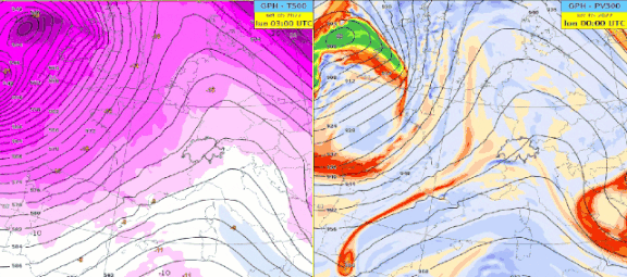 Fig. 3: animazione del geopotenziale e della temperatura a 500 hPa (sinistra) e del geopotenziale e della vorticità potenziale a 300 hPa (destra). Modello: IFS HRES, corsa del 04.09.2022 ore 00 UTC. Fonte:ECMWF.