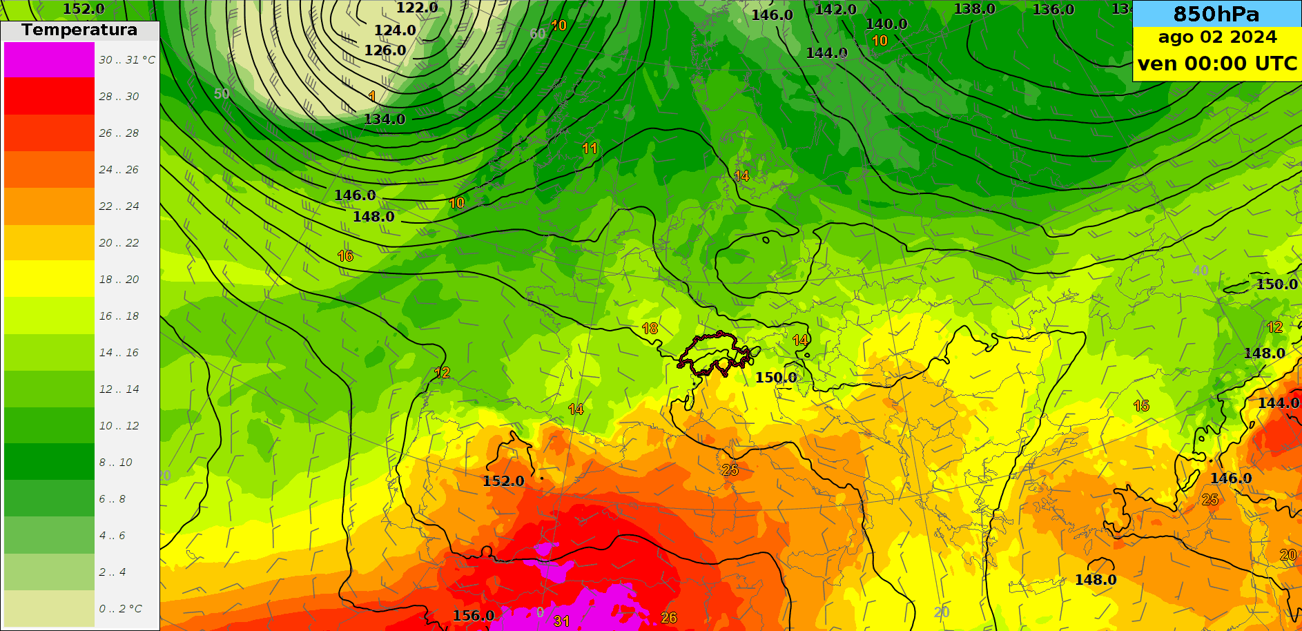 Fig. 2: Animazione di altezza geopotenziale (linee nere), temperature (colori) e vento (barbule) a 850 hPa (circa 1500 metri di quota) da venerdì 2 agosto a venerdì 9 agosto. MeteoSvizzera /ECMWF.