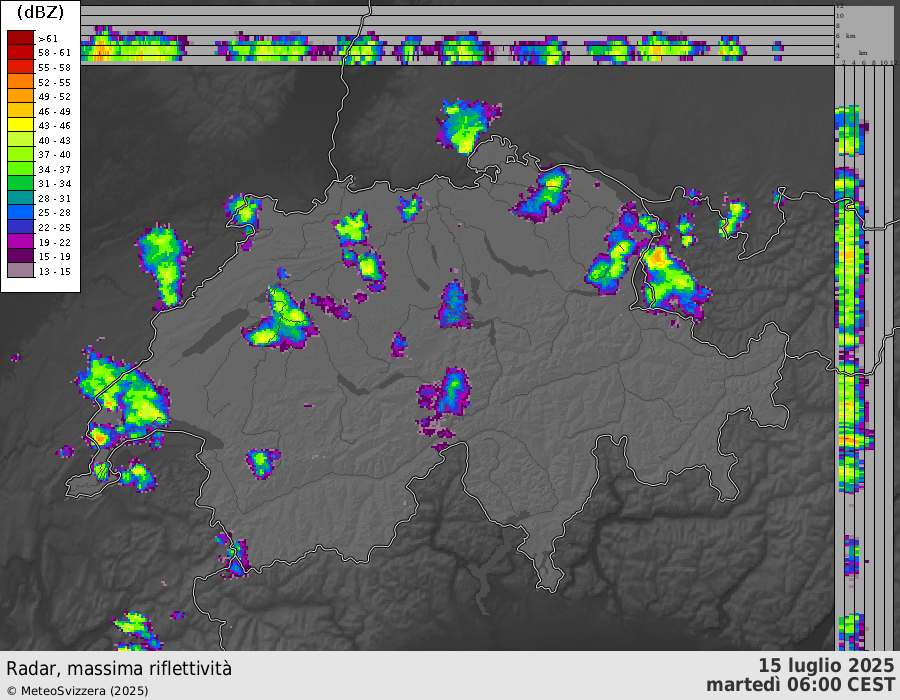Animazione radar delle precipitazioni a Nord delle Alpi al mattino di martedì 15 luglio