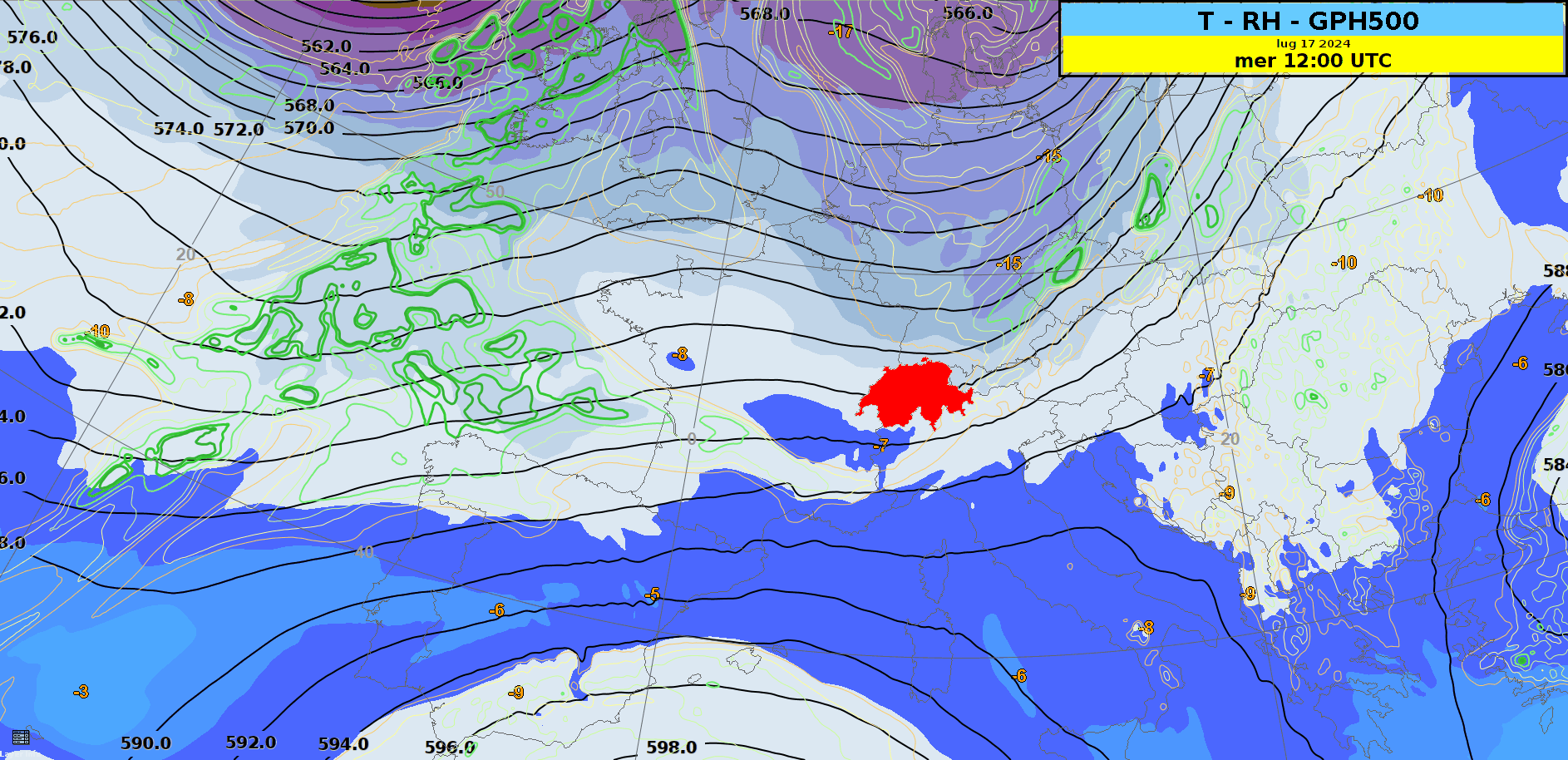 Figura 2: animazione di geopotenziale (linee nere), temperatura (colori) e umidità relativa (linee verdi) a circa 5500 metri di quota fra oggi mercoledì e domenica a mezzogiorno secondo il modello europeo ECMWF. 