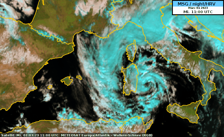 L'animazione del canale visibile di MeteoSat mostra "Juliette" il 01.03.2023 e rivela un piccolo "occhio" sul Mar Tirreno al centro della depressione.