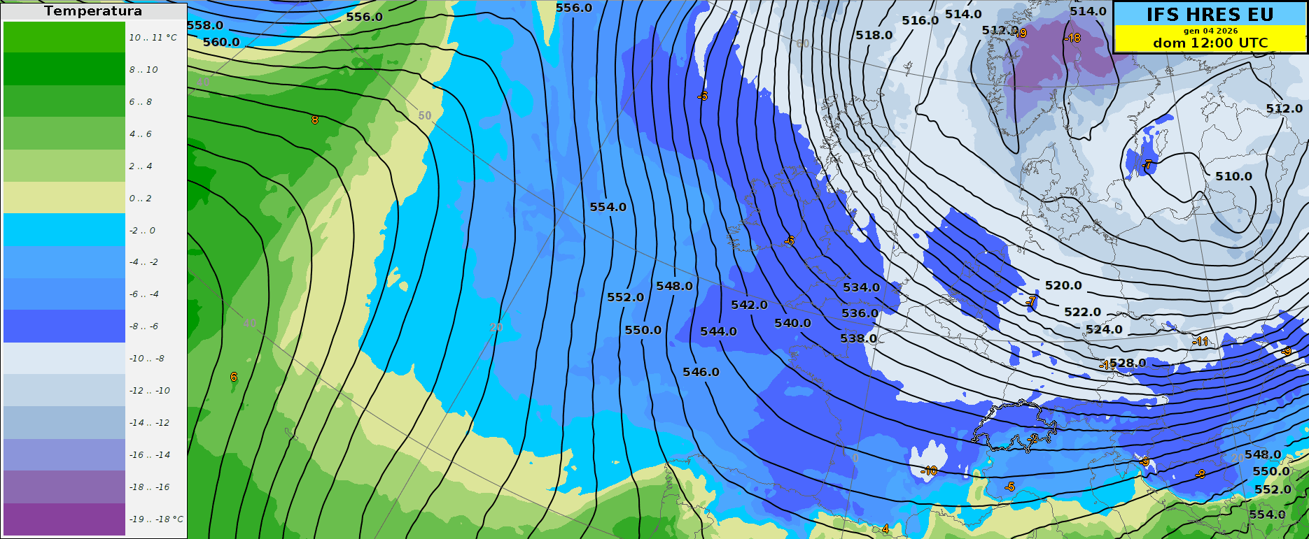 Fig. 4. Animazione delle temperature e del geopotenziale a 850 hPa per i prossimi giorni. Aria fredda continuerà ad affluire dal settore nord verso l'Europa, venerdì aria temporaneamente meno calda arriverà da ovest con un fronte caldo. Fonte: ECMWF-IFS, elaborazione MeteoSvizzera.