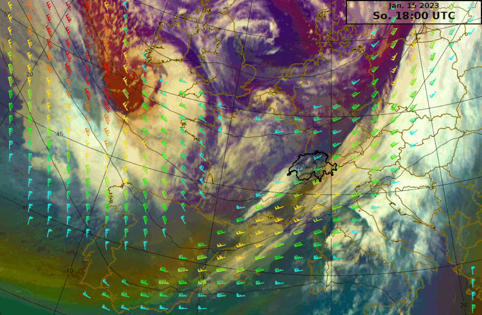 Figura 1: Animazione satellitare con vento (barbule) e geopotenziale (linee nere) a 300 hPa (circa 9 km di quota) da domenica alle 18 UTC a lunedì alle 6 UTC. La bassa pressione Gérard si è spostata dal Nordatlantico alla Manica. Fonte: Eumetsat / MeteoSvizera.