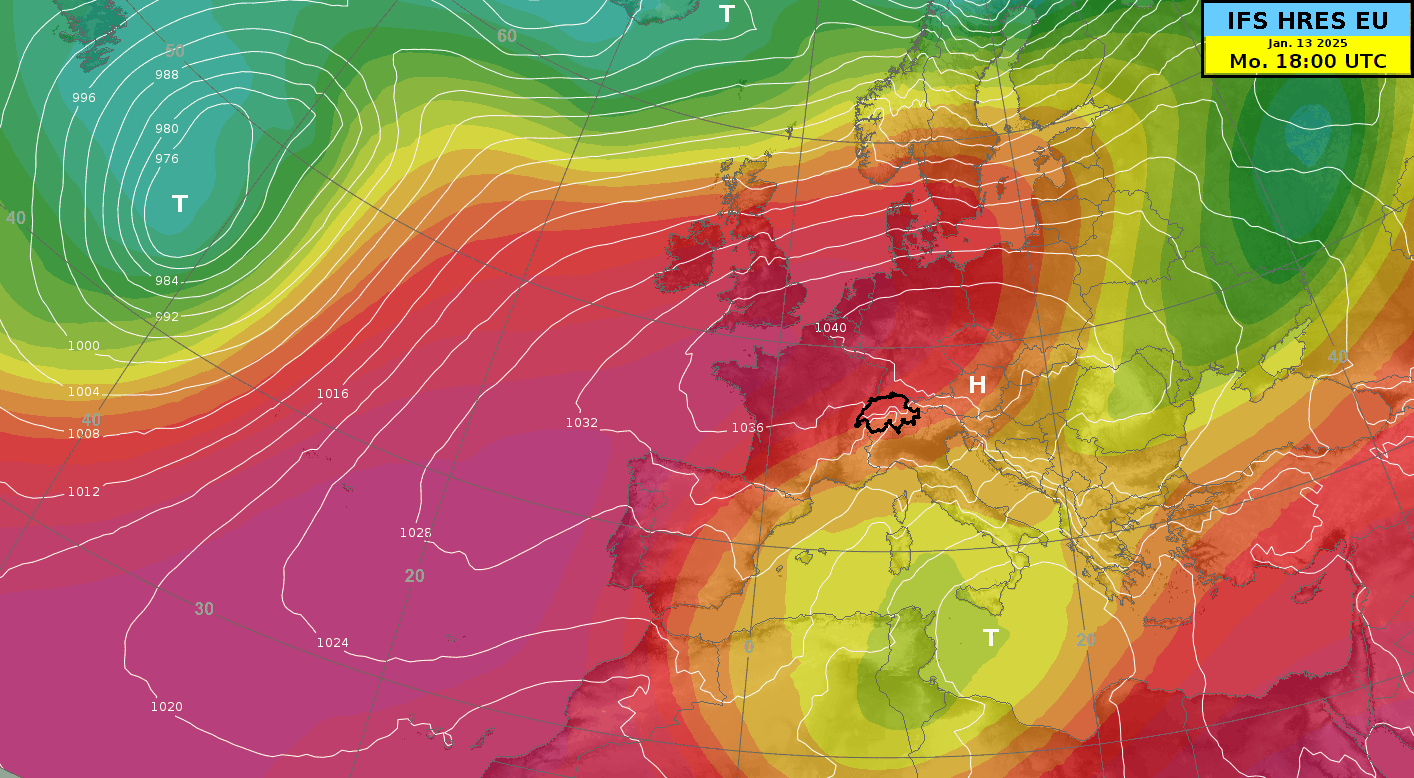Previsione del modello IFS della pressione al suolo (isolinee bianche) e della distribuzione della pressione nella media troposfera ad un'altitudine di circa 5,5 km (aree colorate). I colori rossi indicano un geopotenziale elevato, cioè un'alta pressione in quota, mentre i colori verdi e blu indicano un geopotenziale basso, cioè una depressione in quota. Fonte: MeteoSvizzera, ECMWF. 