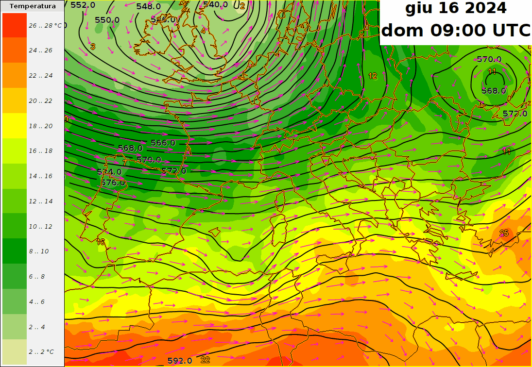 Mappa con il campo della temperatura e del vento sull'Europa