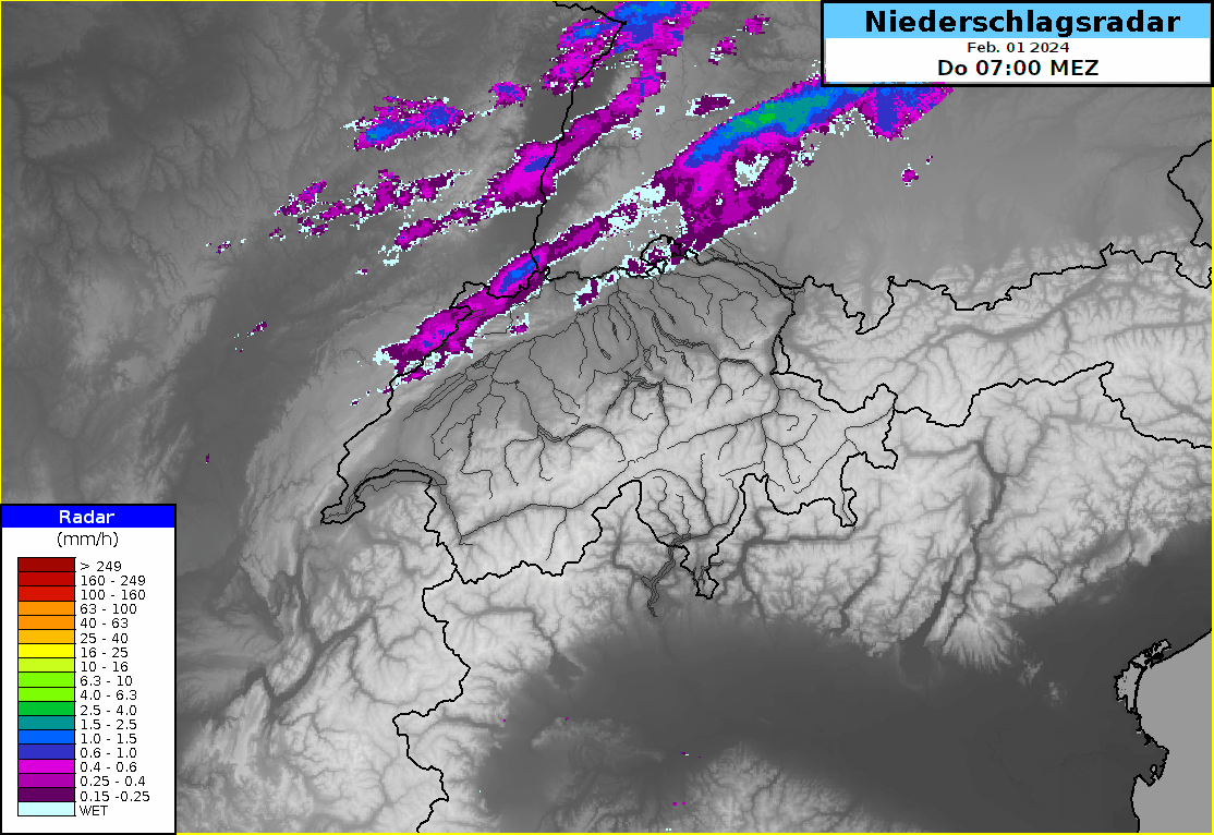 Animazione radar delle precipitazioni del 1° febbraio 2024 dalle ore 07:00 alle 13:00. Il fronte freddo ha attraversato la Svizzera da nordovest causando alcune precipitazioni con un limite delle nevciate compreso tra 1100 e 1500 metri.