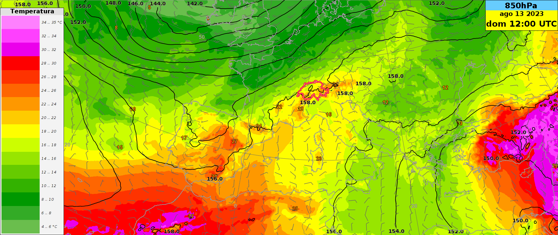 Figura 3: Animazione di geopotenziale (linee nere), temperatura (colori e cifre) e vento (barbule) a 850 hPa sull’Europa dal 13 al 21 agosto 2023. 