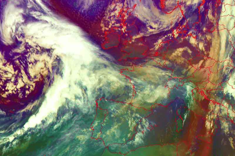 Animazione delle immagini satellitari con alcuni centri depressionari che fungono da motore per le masse d'aria dei movimenti delle masse d'aria (Airmass-RGB) - da martedì 7.1.2025 fino a mercoledì 8.1.2025. Fonte: Eumetsat, MeteoSvizzera. 