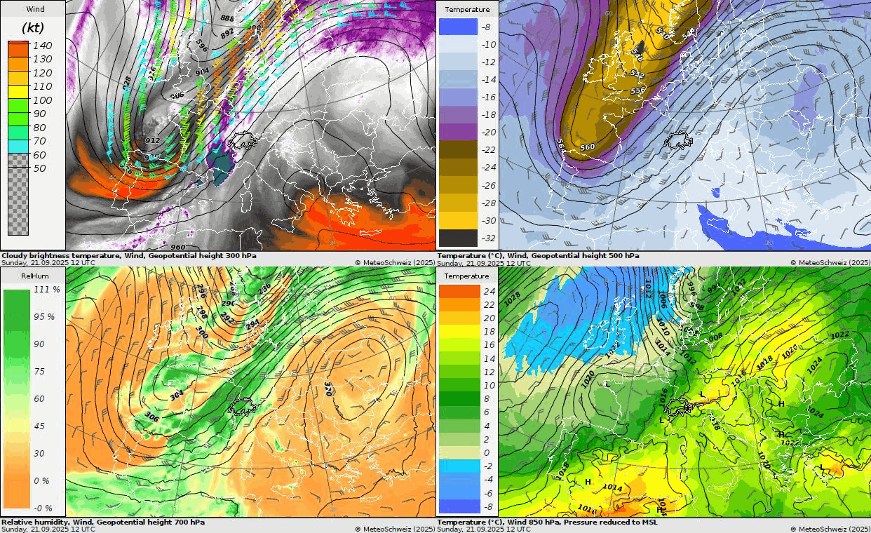 Sequenza delle analisi del modello ad alta risoluzione ECMWF (altitudine del geopotenziale, velocità del vento a 300 hPa sovrapposte a un’immagine del vapore acqueo del satellite Meteosat, altitudine geopotenziale, vento e temperatura a 500 hPa, altitudine del geopotenziale, velocità del vento e umidità a 700 hPa, pressione al suolo e temperatura a 850 hPa durante l’evento di forti precipitazioni tra il 21 e il 28 settembre 2025.