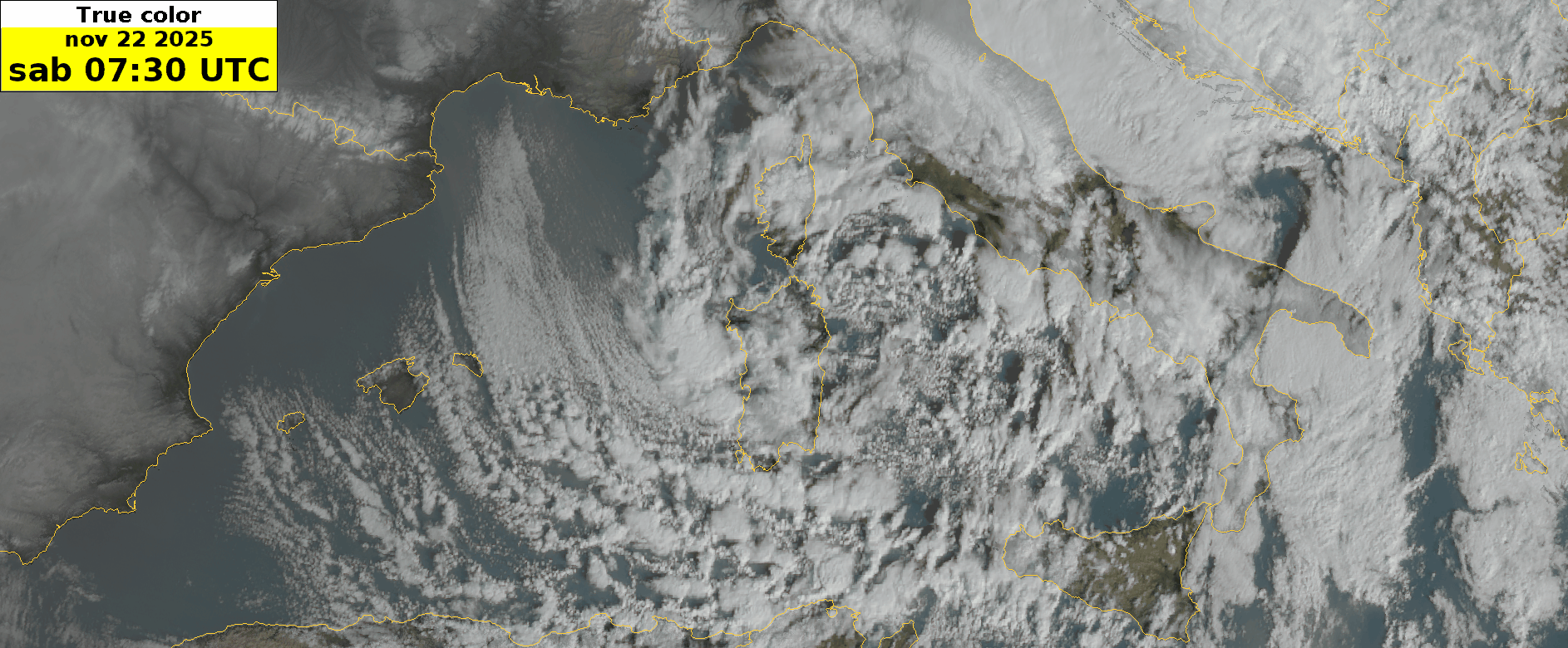 Animazione del satellite Meteosat Third Generation, combinazione RGB "true color".  Regione: Mediterraneo centro-occidentale.