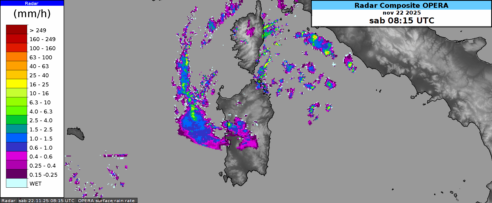Animazione del composito dei radar meteorologici OPERA, regione Sardegna e Corsica. Ben visibili le linee di rovesci, in parte anche temporali, che si spostano da nord verso sud innescati e sospinti dal maestrale.