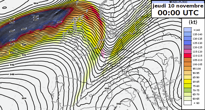 Altezza geopotenziale e velocità del vento previste a 300 hPa (circa 9000 m) da giovedì 10 a domenica 12 novembre 2022 dal modello IFS.
