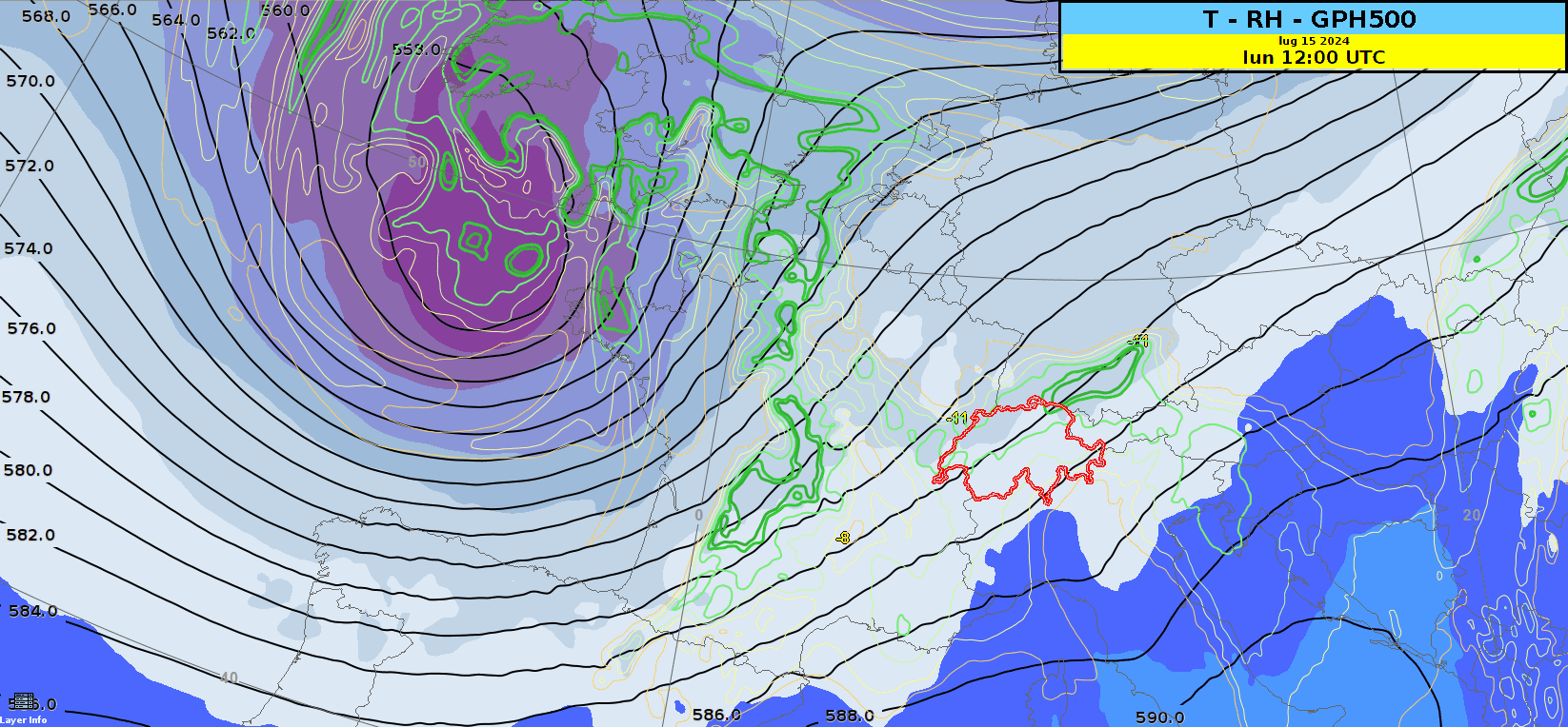 Fig. 1: Animazione fra lunedì sera e martedì del geopotenziale (linee nere), temperature (colori) e umidità relativa (linee verdi) a 500 hPa secondo il modello IFS/ECMWF.