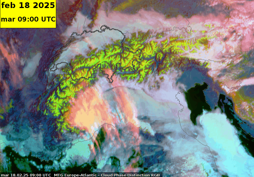 Animazione satellitare MTG Cloud Phase Distinction RGB del 18.02.2025 dalle 07 alle 13 UTC. 
