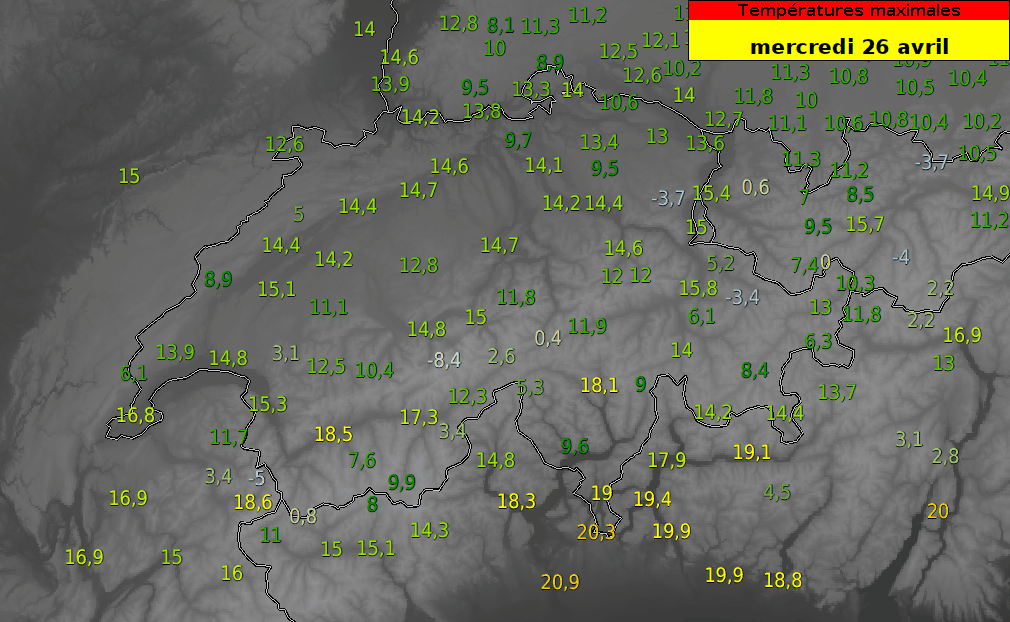 Previoni di temperatura massima in Svizzera per i prossimi giorni. 