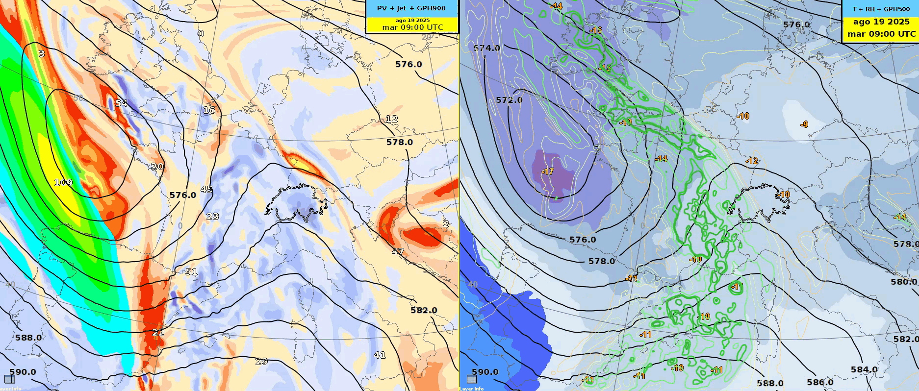 Fig.3: animazione delle previsioni del modello IFS-HRES-EU. A sinistra: geopotenziale, corrente a getto e vorticità potenziale a 300 hPa. A destra: geopotenziale, temperatura e umidità a 500 hPa.