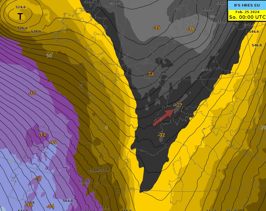 Progressione dell'altezza di geopotenziale [dm] e della temperatura [°C] a 500 hPa (circa 5500 m) da domenica a mercoledì con incrementi di 12 ore. I colori nero/giallo indicano temperature più basse rispetto ai colori viola. La corrente in quota (freccia rossa) ruoterà gradualmente da sud-ovest a sud-sud-est.