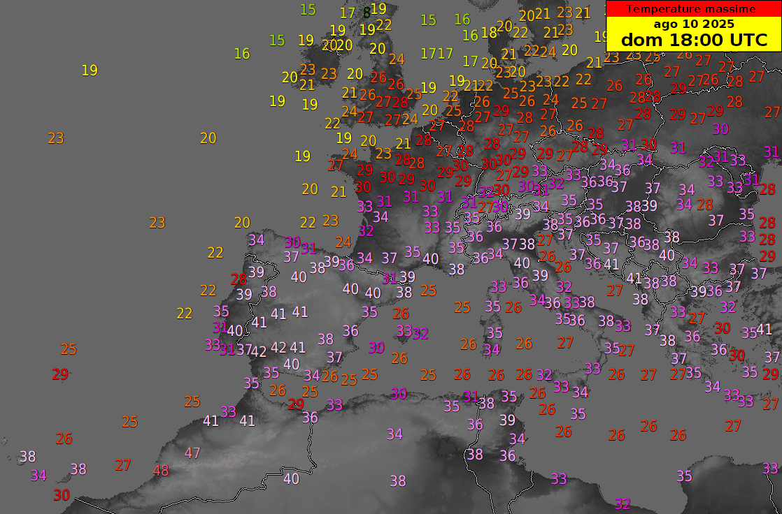 Temperature massime previste in Europa da domenica 10 agosto a martedì 19 agosto 2025.