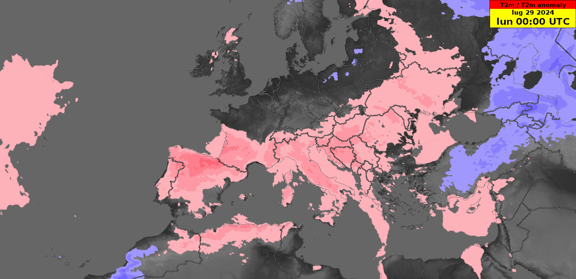 Animazione della deviazione della temperatura media giornaliera rispetto alla norma fra domenica e giovedì. L'ora indicata in alto a destra rappresenta l'istante finale delle 24 ore su cui è calcolata l'anomalia delle temperature.