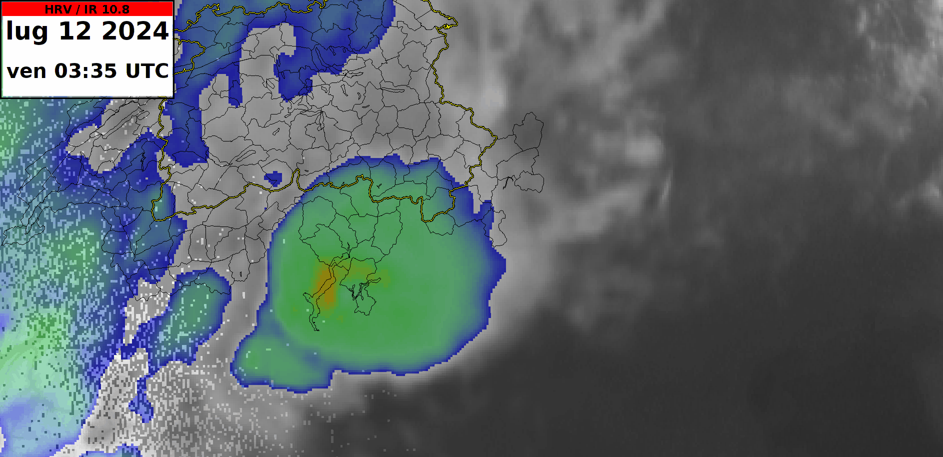 Fig. 1: animazione dal satellite Meteosat, in una “sandwich” del canale visibile (in tonalità di grigio) e infrarosso (ombreggiature azzurre in trasparenza).