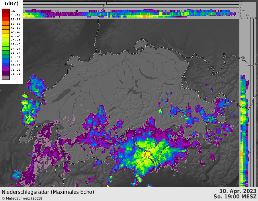 Precipitazioni misurate dal radar meteorologico tra fine aprile e il 1° maggio 2023. Fonte: MeteoSvizzera.