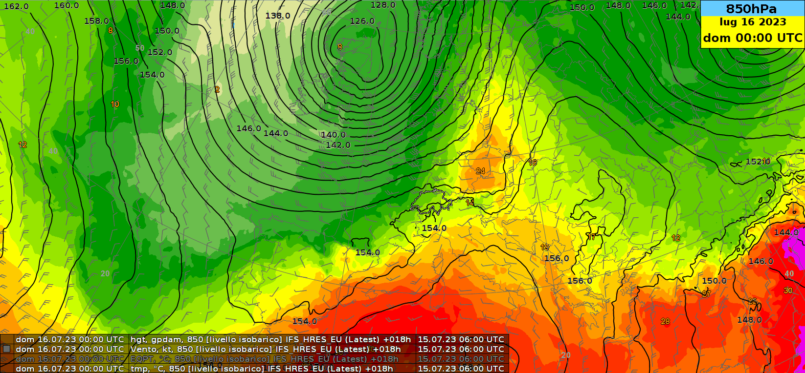 Figura 1: animazione dell’evoluzione della temperatura a 850 hPa (circa 1500 mslm) da domenica 00 UTC fino a giovedì 24 UTC.