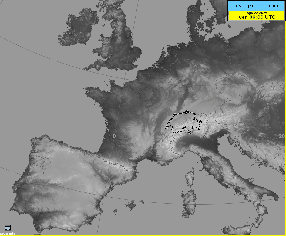 Animazione del geopotenziale a 300 hPa (+ Potential Vorticity) nella notte fra il 22 e il 23 agosto 2025. L'ondulazione all'interno dei campi di geopotenziale hanno provocato un sollevamente della massa d'aria e le conseguenti precipitazioni. 