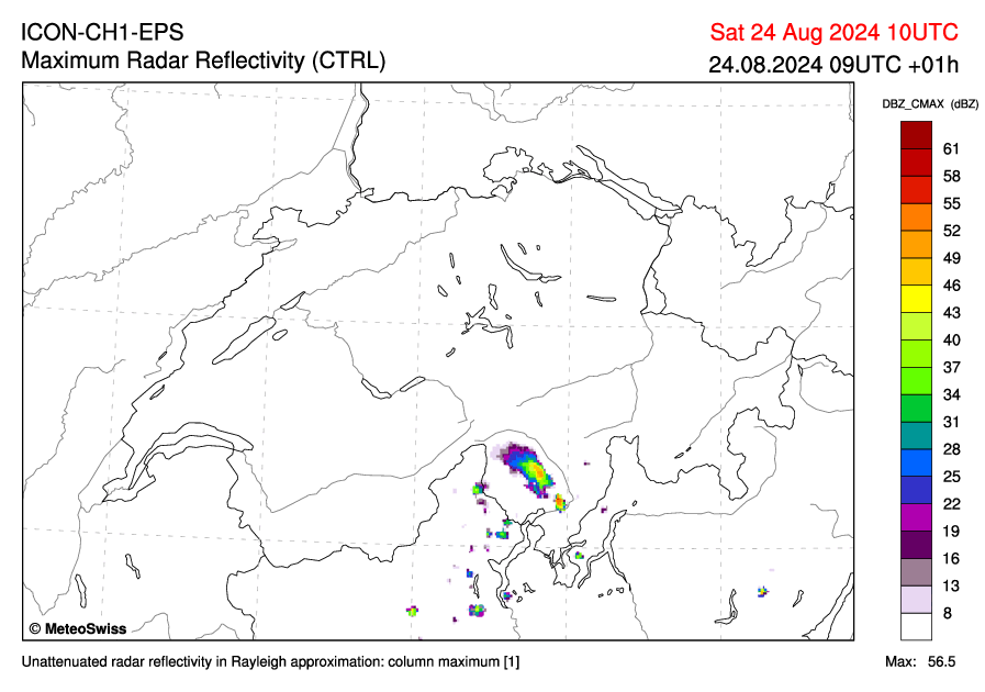 Animazione con i 10 calcoli del modello ICON CH1 precedenti la previsione per sabato 12:00 LT, riflettività massima radar