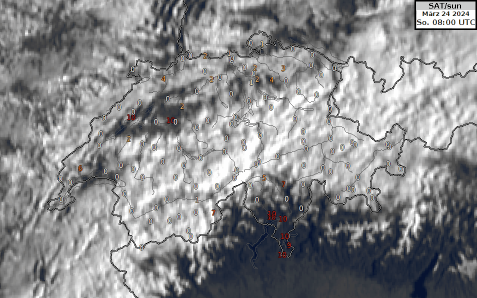 Animazione delle immagini satellitari HRV fra le 8 e le 13 UTC. I numeri indicano la durata del soleggiamento degli ultimi 10 minuti (10=10 minuti di sole su 10). Con la forte corrente da nord-ovest alcuni banchi nuvolosi sono riusciti a valicare le Alpi. 
