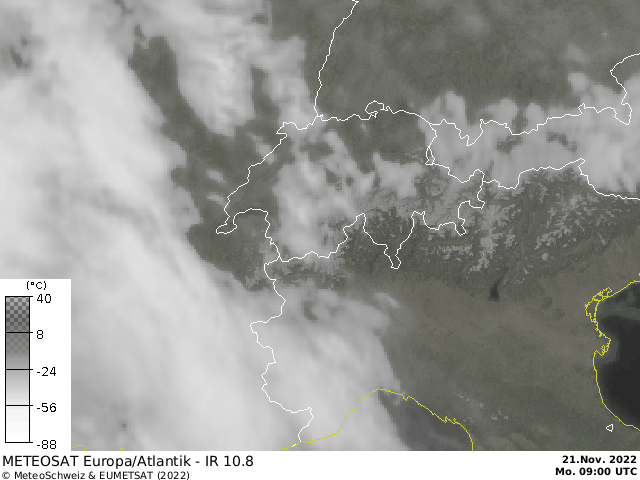 Animazione satellitare nel canale dell’infrarosso dell’arrivo delle nubi oggi fra le 11 e le 17 ora locale. Fonte: MeteoSvizzera / Eumetsat