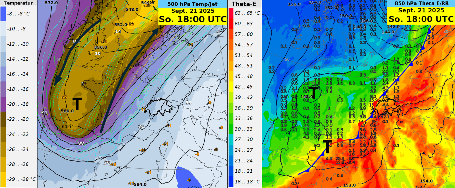 Situazione sinottica rappresentata dal modello IFS da domenica a lunedì sera. A sinistra 500 hPa geopotenziale con la temperatura e jet stream a 300 hPa (frecce nere), a destra 850 hPa con la temperatura potenziale equivalente (Theta-E), e precipitazioni su 3 ore.