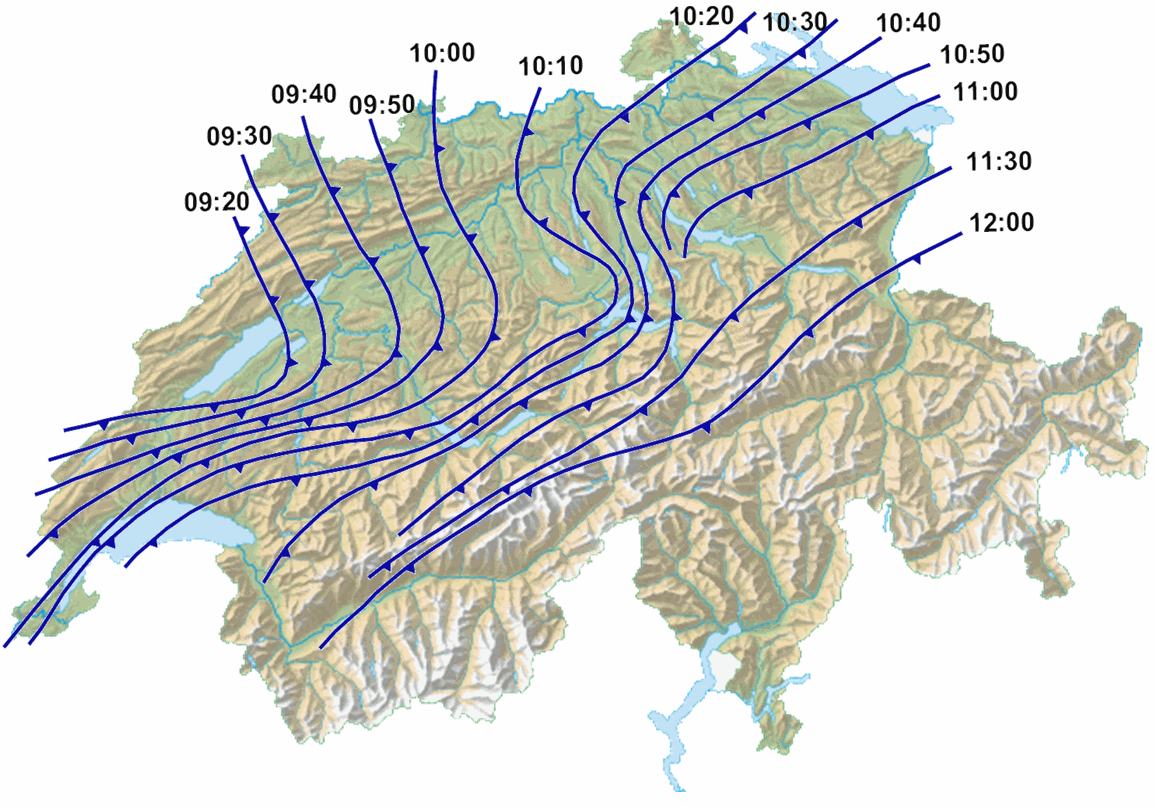 Fig. 5: spostamento del fronte freddo il 26 dicembre 1999 tra le 09.20 UTC e le 12.00 UTC (tra le 10.20 e le 13.00 locali).