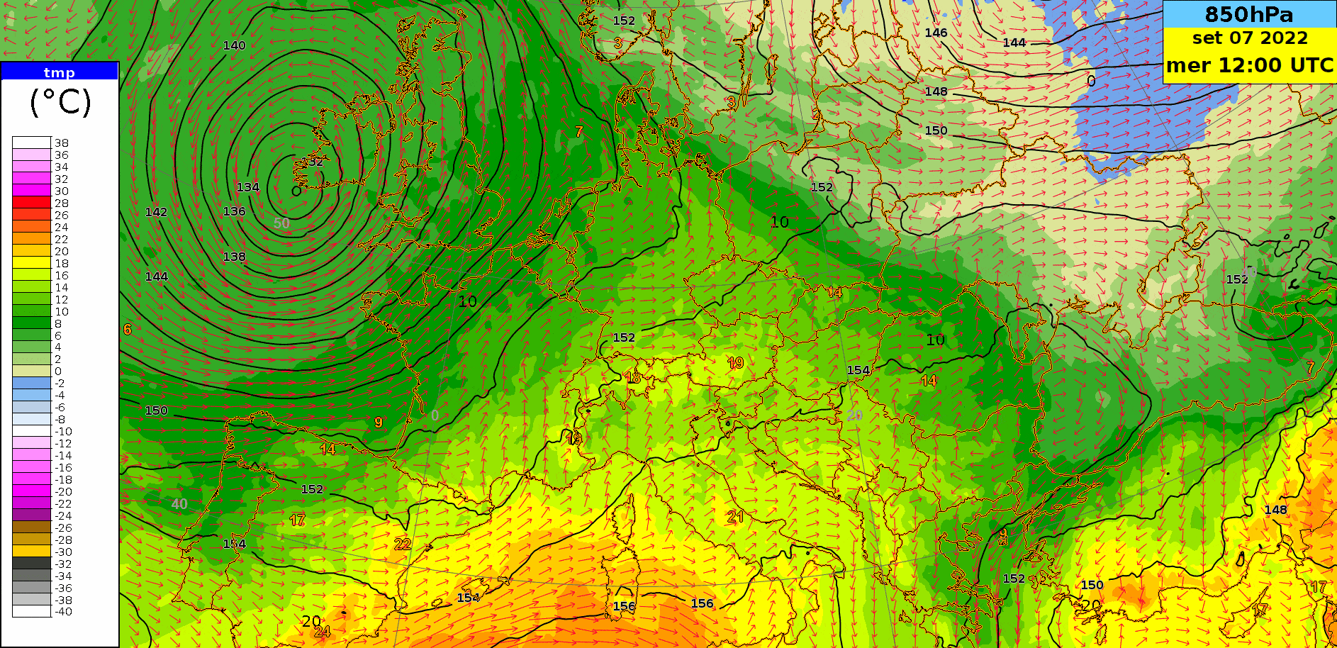 Fig. 1: Campo della temperatura, distribuzione del geopotenziale e flusso (frecce) a 850 hPa (circa 1500 metri), animazione da mercoledì alle 12 alle 18 UTC.