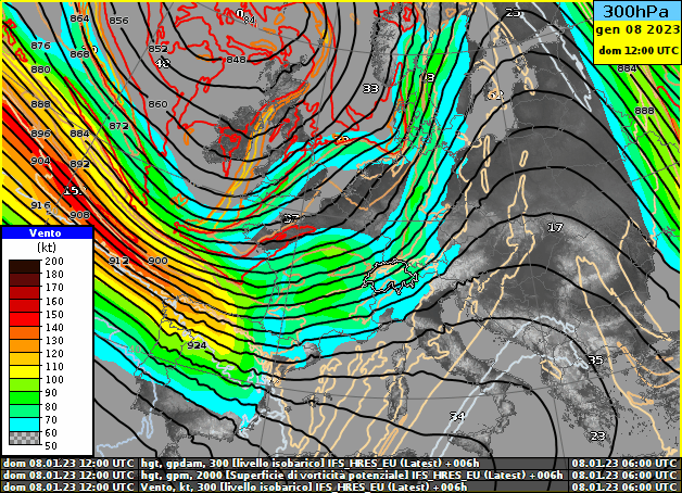 Fig. 5: Animazione dell'andamento della pressione in quota (altezza geopotenziale a 300 hPa, linee nere) e del vento a circa 9000 metri di altitudine da domenica 8 a sabato 14 gennaio 2023. Le linee nere possono essere interpretate come i binari sui quali corrono i forti venti provenienti dall'Atlantico. Fonte: MeteoSvizzera.