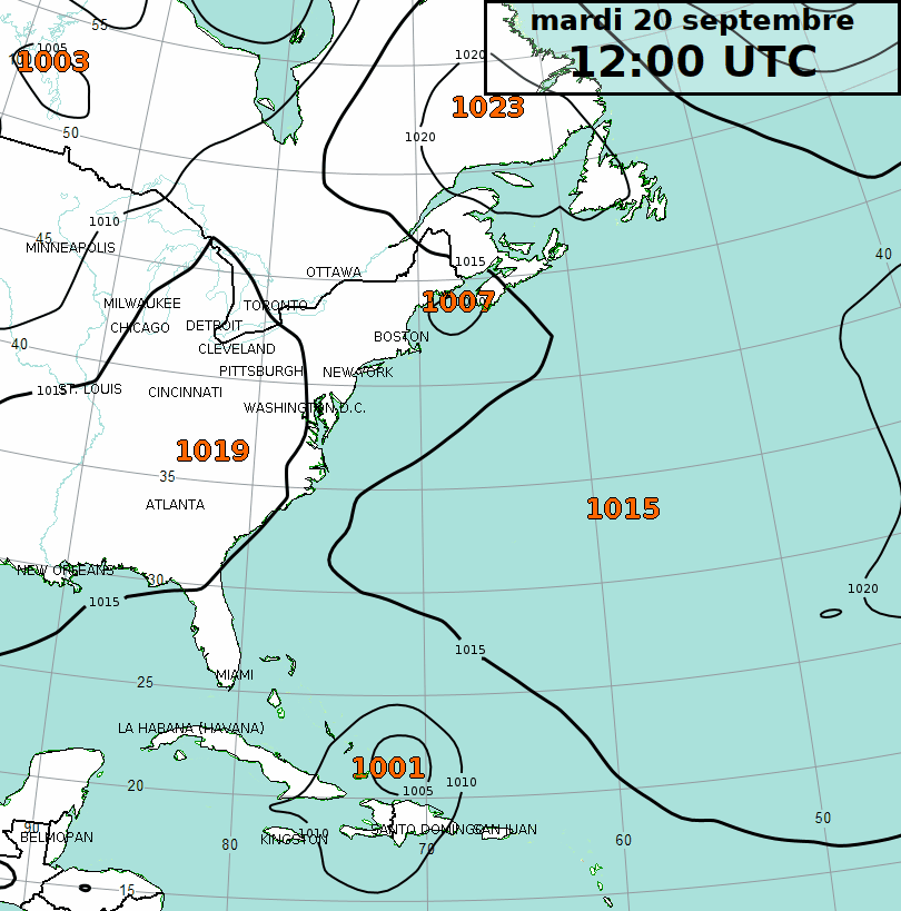 Fig. 6: Evoluzione della pressione al suolo del modello IFS ad alta risoluzione sull'Atlantico occidentale fino a domenica 25 settembre. Fonte: ECMWF - MeteoSvizzera