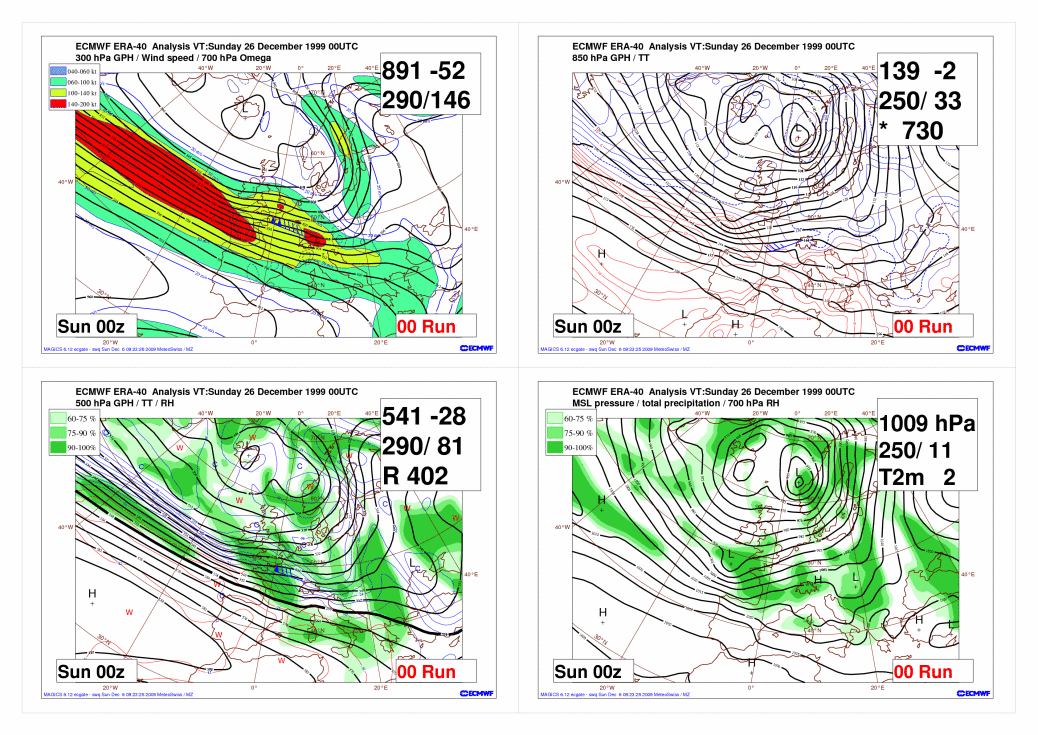 Fig. 3: reanalisi del modello europeo IFS da domenica 26.12.1999 00UTC a lunedì 27.12.1999 00UTC. Animazione con diversi parametri: geopotenziale a 300 hPa (livello della corrente a getto), a 500 hPa (ca. 5500 m), a 850 hPa (ca. 1500 m), distribuzione della pressione al suolo (isobare) con nuvolosità a 700 hPa (ca. 3000 m).