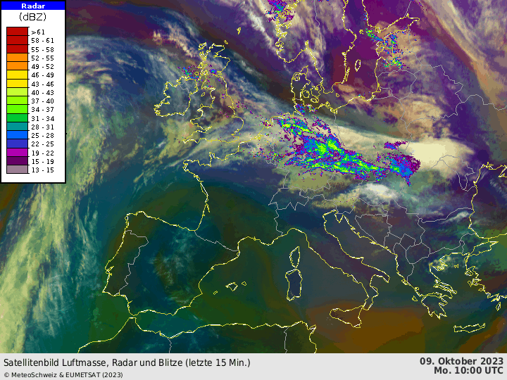 Fig. 1: animazione satellitare (RGB Airmass) con campo radar e misure di fulminazione per il 9.10.2023.