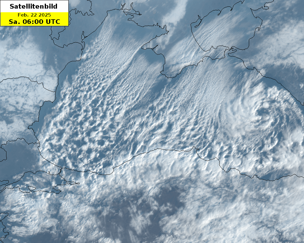 Animazione satellitare (MTG True Color RGB) della regione del Mar Nero con le tipiche formazioni nuvolose allineate alla corrente, sabato 22.02.2025 dalle 7:00 alle 12:00 CET.