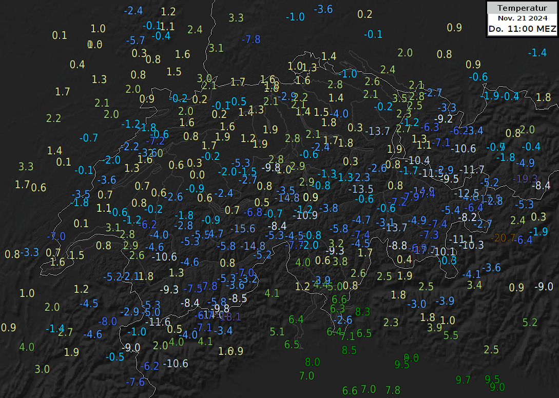 Animazione delle temperature misurate fra le 11 del 21 novembre e le 06 del 22 novembre.