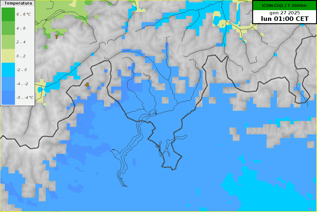 Evoluzione temperatura a 2000 metri dal modello ICON-CH2 tra lunedì mattina e martedì sera.