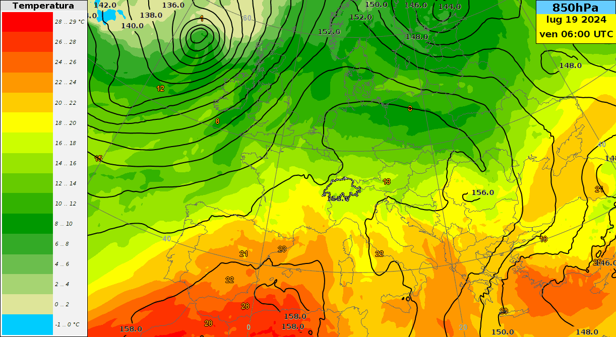 Fig. 4: animazione del geopotenziale (linee nere), della temperatura (colori) a circa 1500 metri di quota fra oggi giovedì e la mezzanotte di martedì secondo il modello europeo ECMWF. 