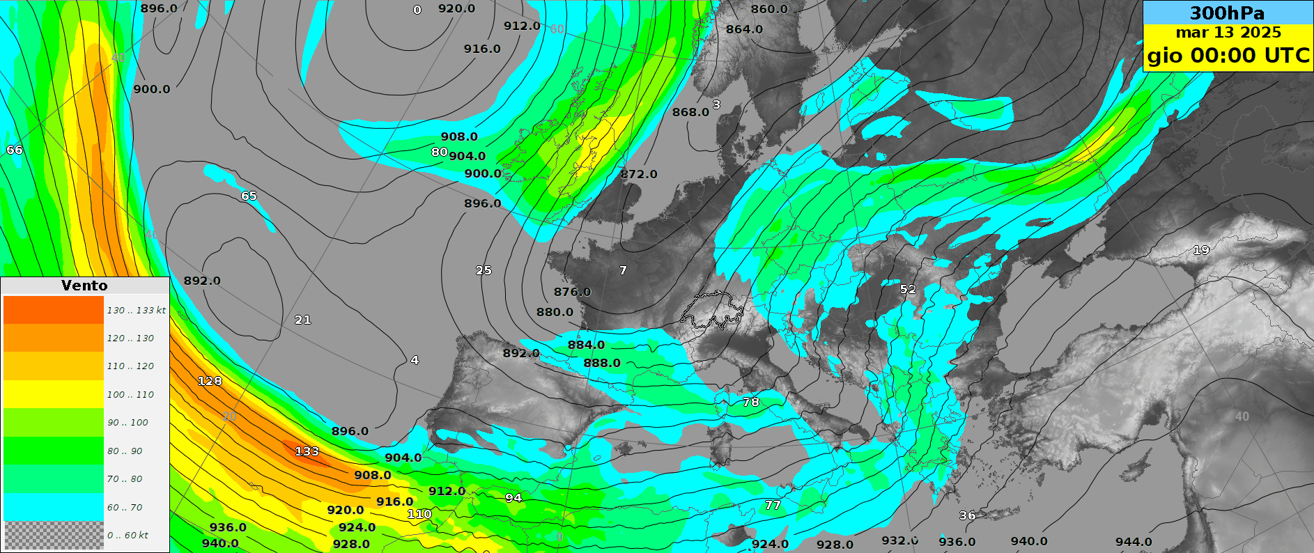 Animazione del vento e del geopotenziale a 300 hPa. IFS HRES, corsa delle 06 UTC. 