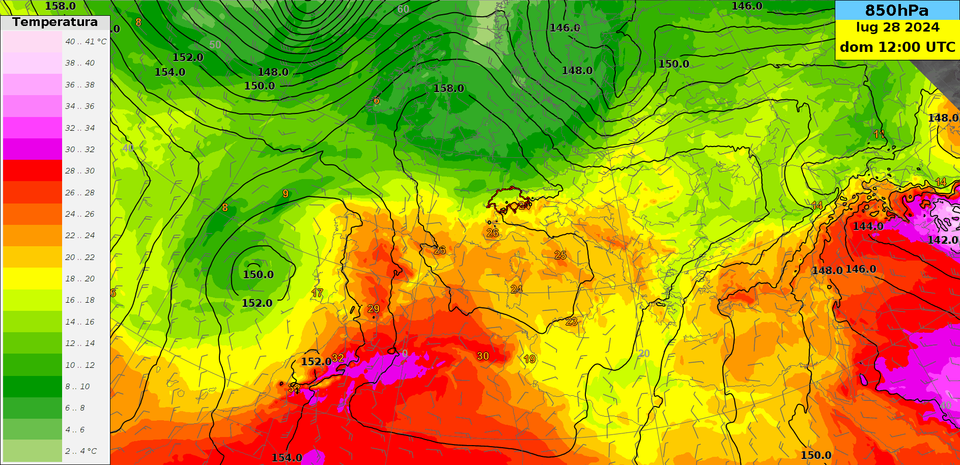 Animazione del geopotenziale (linee nere), della temperatura (colori) e del vento (frecce) a circa 1500 metri di quota fra domenica a mezzogiorno e giovedì sera secondo il modello europeo ECMWF.