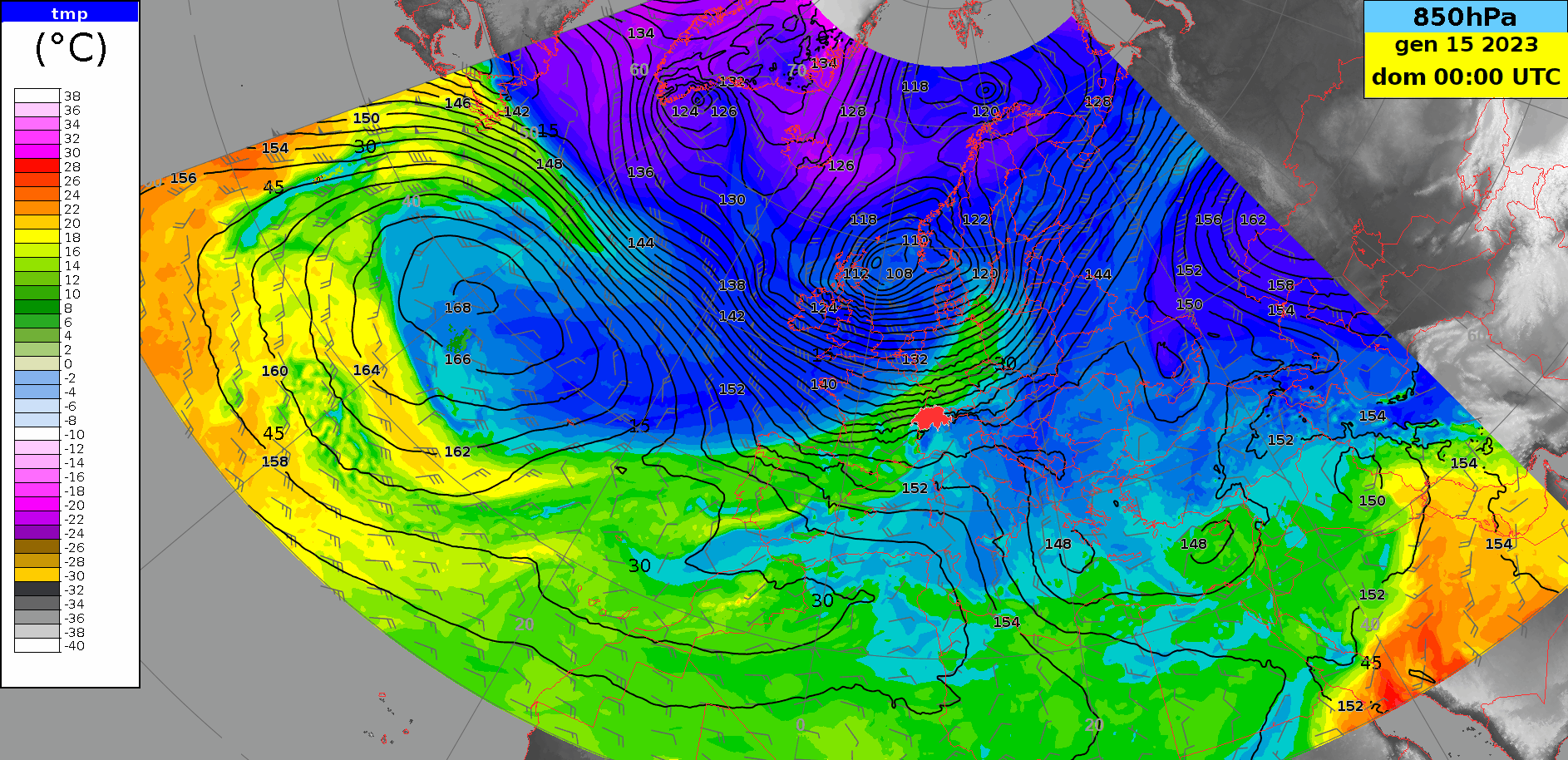 Figura 3: Animazione del geopotenziale (linee nere), del vento (barbule) e della temperatura equivalente potenziale (colori) a 850 hPa (circa 1500 metri) previsti dal modello europeo ECMWF dal 15 al 22 gennaio 2023. Le linee nere possono essere viste come i “binari” sui quali si muovono le masse d’aria. Fonte: ECMWF / MeteoSvizzera.