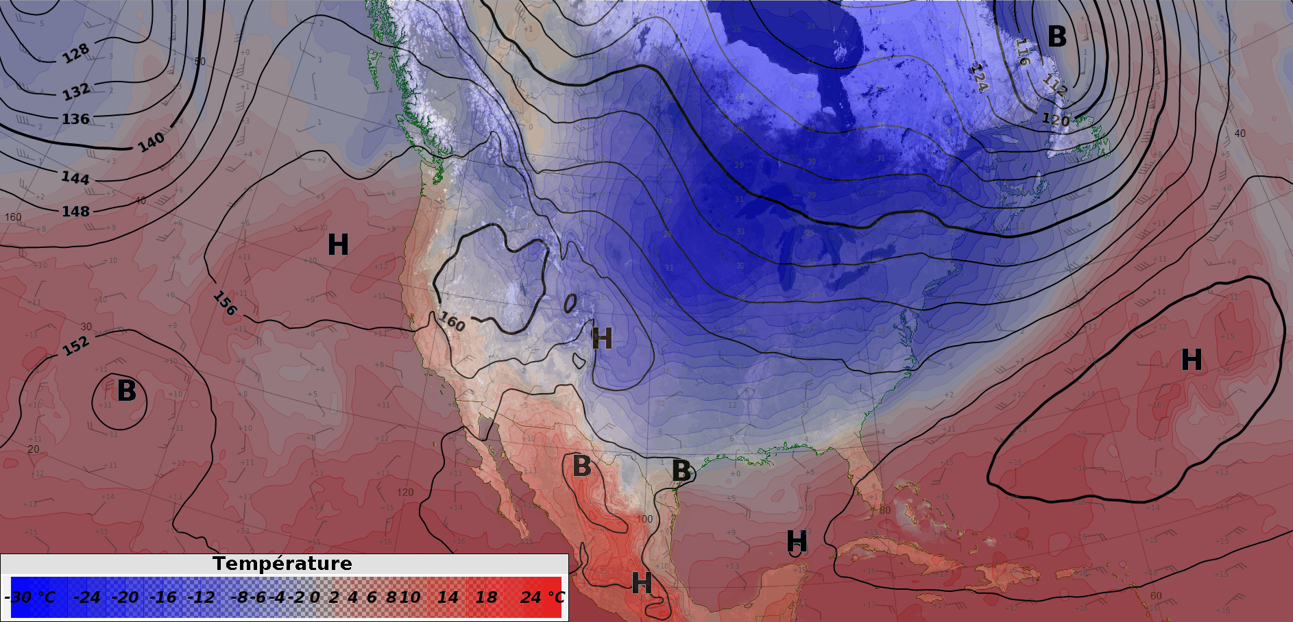 Animazione delle masse d'aria a 850 hPa (1500 m di altitudine) sul Nord America secondo il modello ECMWF. L'aria fredda appare in blu e quella calda in rosso. 