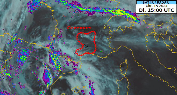 Sequenza delle immagini radar e satellitari (IR) dal 15.10.2024 alle ore 15 UTC al 18.10.2024, ore 00 UTC. 
