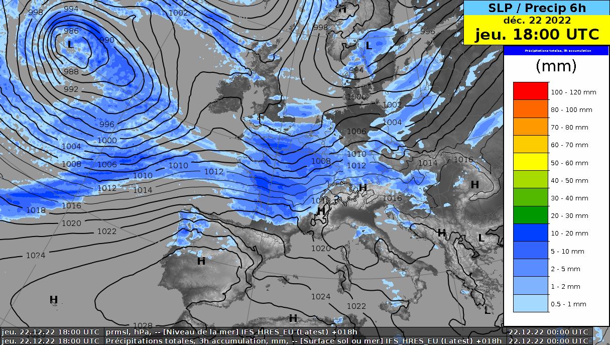 Figura 2: Previsione della pressione ridotta al livello del mare (in hPa) e dei totali di precipitazione a 6 ore (in mm) da giovedì 22.12 18:00 UTC a sabato 24.12.2022 18:00 UTC. Modello IFS.